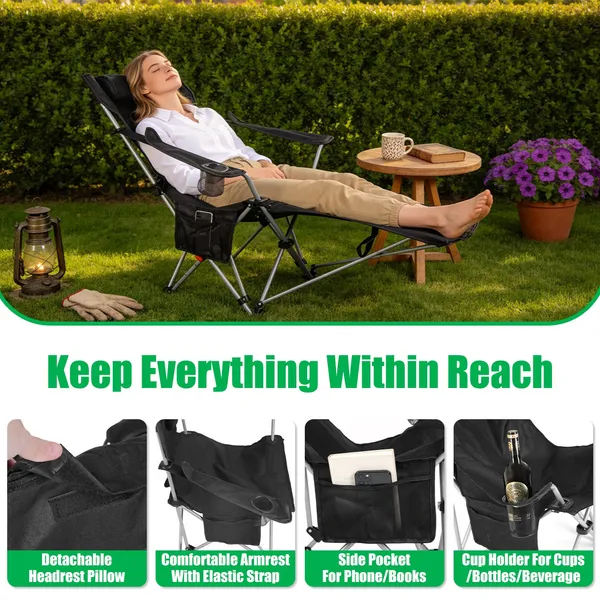 Reclining Camping Chair With Footrest 4-Position Adjustable O…